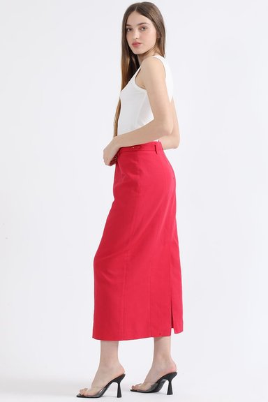 FALDA LINO MUJER LIOLA GUINDA MIDI CON CINTURON - 4
