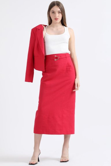 FALDA LINO MUJER LIOLA GUINDA MIDI CON CINTURON - 5