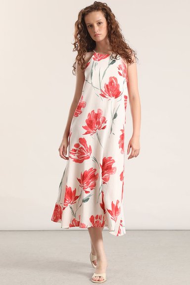 VESTIDO MIDI LINO ESTAMPADO LIOLA MUJERROJO - 1