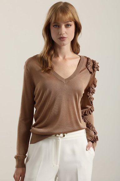 JERSEY PUNTO SEMITRASPARENTE, VOLADOS, CAMEL LIOLA - 3