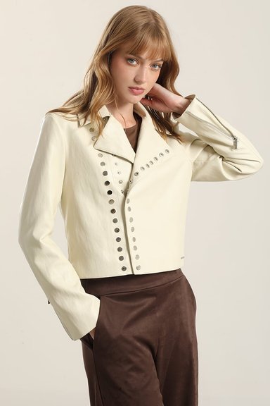 CHAQUETA BIKER EFECTO CUERO, BEIGE LIOLA - 1