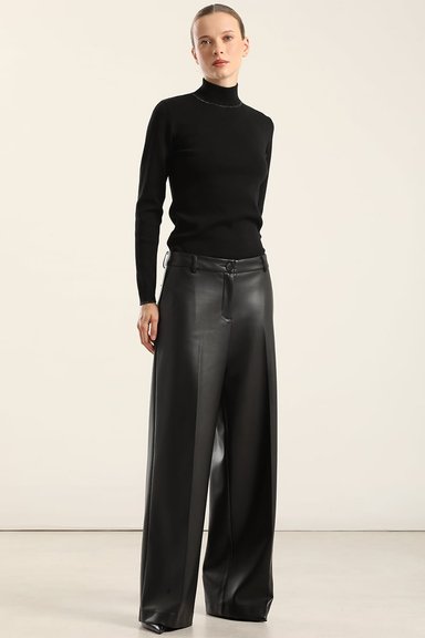 PANTALON ANCHO, TIRO ALTO, EFECTO CUERO, NEGRO LIOLA - 1