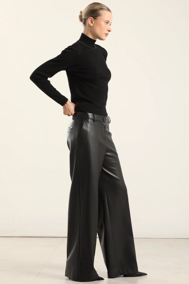 PANTALON ANCHO, TIRO ALTO, EFECTO CUERO, NEGRO LIOLA - 4