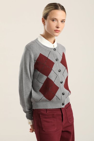 CARDIGAN PUNTO, ROMBO LUREX, GRIS LIOLA - 4