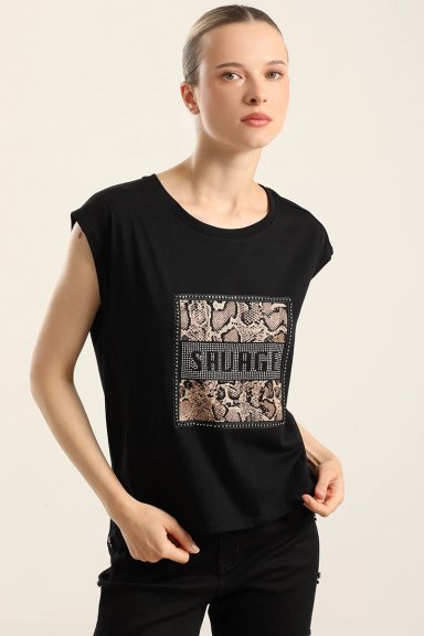 POLERA ALGODON  APLICACION SAVAGE, NEGRO LIOLA - 1
