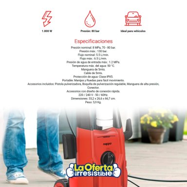HIDROLAVADORA NAPPO 1800W JABONERA 5MTS MANGUERA - 4