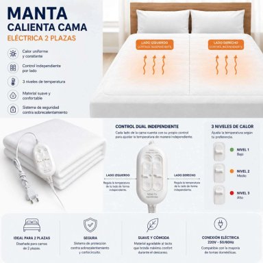 CALIENTA CAMAS ELE CTRICO 2 PLAZAS MANTA TE RMICA CONTROL DUAL - 2