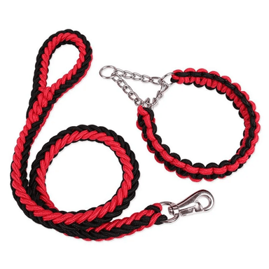SET CORREA PERROS TRENZADA GRANDES + COLLAR AHORQUE XL ROJO NEGRO DEFENSOR FOREVER - 1