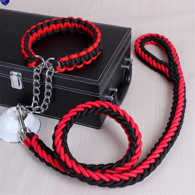 SET CORREA PERROS TRENZADA GRANDES + COLLAR AHORQUE XL ROJO NEGRO DEFENSOR FOREVER - 2