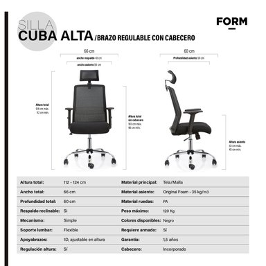 SILLA ESCRITORIO FORM OFFICE NEGRO CUBA ALTA BRAZO REG Y CABECERO - 6
