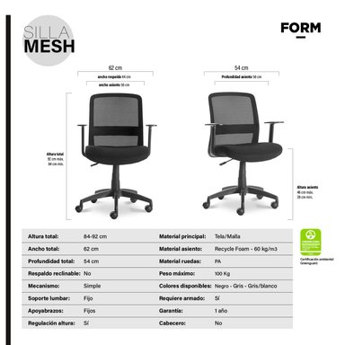 SILLA OFICINA FORM OFFICE NEGRO MESH - 6