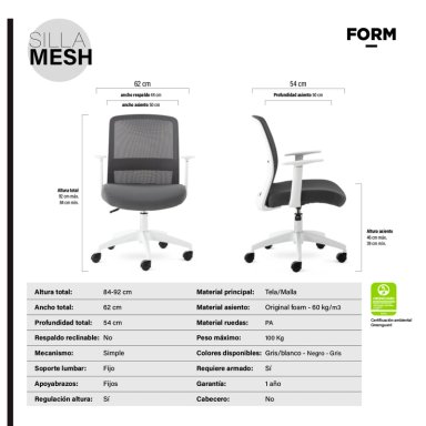 SILLA OFICINA FORM OFFICE GRIS MESH - 6