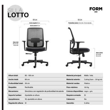 SILLA OFICINA FORM OFFICE NEGRO EJECUTIVA LOTTO - 8