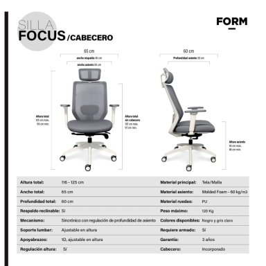 SILLA OFICINA FORM OFFICE GRIS CLARO FOCUS CON CABECERO - 6