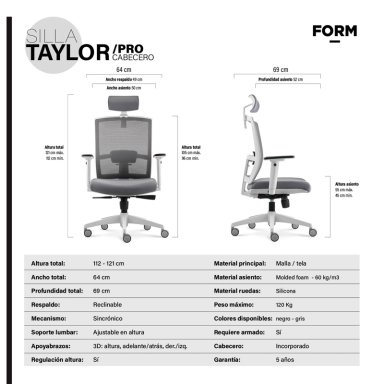 SILLA OFICINA FORM OFFICE GRIS CLARO TAYLOR PRO CON CABECERO - 8