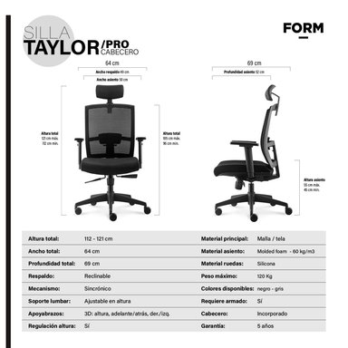 SILLA OFICINA FORM OFFICE NEGRO TAYLOR SYNCRO CON CABECERO - 7