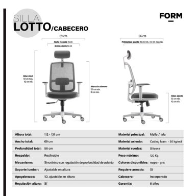 SILLA OFICINA FORM OFFICE GRIS CLARO LOTTO CON CABECERO - 7