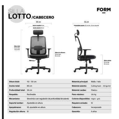 SILLA OFICINA FORM OFFICE NEGRO LOTTO CON CABECERO - 8