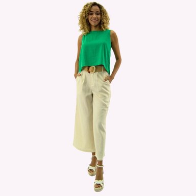 PANTALON LINO MUJER TENTATION BEIGE CROPPED PALAZZO - 4