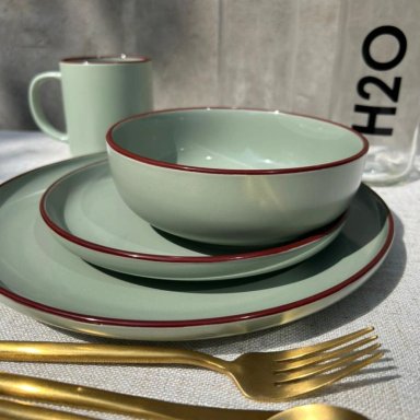 JUEGO DE LOZA 16 PIEZAS VAJILLA CERAMICA BORDE COFFEE - 2