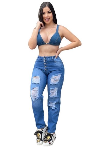 JEANS MOM MUJER CINTURA SOÑADA AZUL MON DESTROYED COLOMBIANO - 5