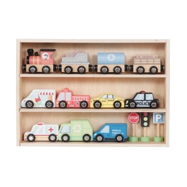 SET AUTOS DE JUGUETE TREN PISTA Y SEÑALETICAS MADERA BANDU - 1