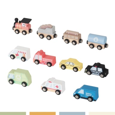 SET AUTOS DE JUGUETE TREN PISTA Y SEÑALETICAS MADERA BANDU - 3