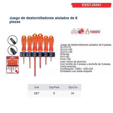 KIT 6 DESTORNILLADORES AISLADOS 1000V EMTOP ESSTJS061 - 5