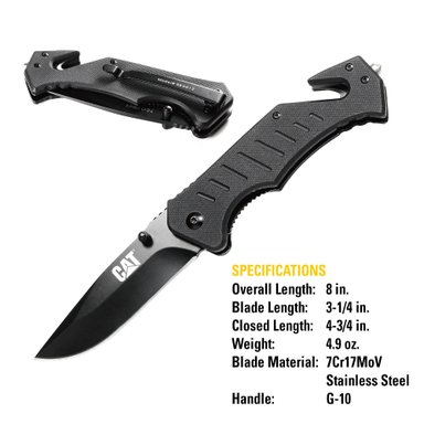 CUCHILLO CAT NAVAJA PLEGABLE 980012 PUNTA CURVA CON ROTURA VIDRIO Y CORTADOR BANDA ACERO INOXIDABLE - 2