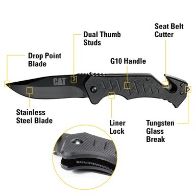 CUCHILLO CAT NAVAJA PLEGABLE 980012 PUNTA CURVA CON ROTURA VIDRIO Y CORTADOR BANDA ACERO INOXIDABLE - 3