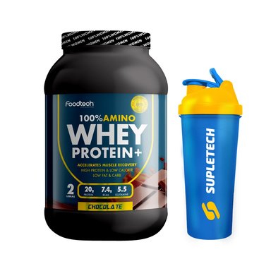PACK FOODTECH 100% AMINO WHEY PROTEIN CHOCO 2LBS + SHAKER BLUE - 1