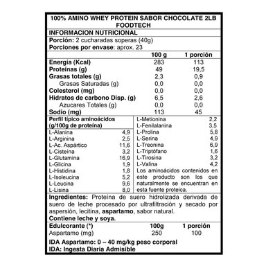 PACK FOODTECH 100% AMINO WHEY PROTEIN CHOCO 2LBS + SHAKER BLUE - 2