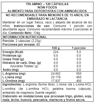 AMINOÁCIDO NOW FOODS TRI AMINO 120 CAPS - 2