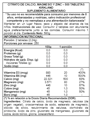 SUPLEMENTO ALIMENTICIO KIRKLAND CALCIUM,MAGNESIUM AND ZINC 500 TABS - 2