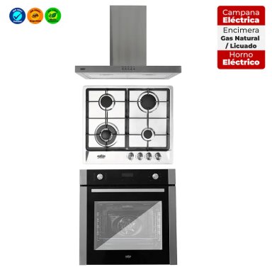 KIT ENCIMERA A GAS 4 QUEMADORES + HORNO 60 LITROS CON SPIEDO + CAMPANA DECORATIVA RECTANGULAR - 1