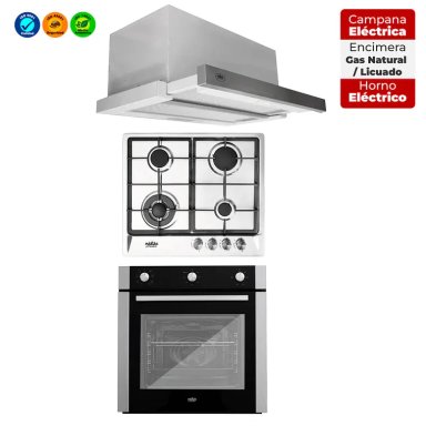 KIT ENCIMERA A GAS 4 QUEMADORES + HORNO 60 LITROS CON SPIEDO + CAMPANA RETRACTIL - 1