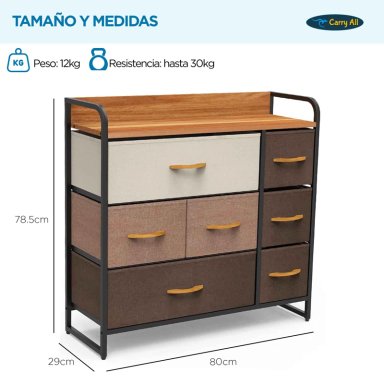 CAJONERA COMODA 7 CAJONES MARCO METÁLICO CUBIERTA MADERA CAJONES DE TELA PREMIUM - 3