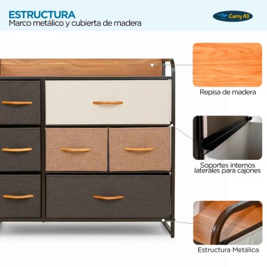 CAJONERA COMODA 7 CAJONES MARCO METÁLICO CUBIERTA MADERA CAJONES DE TELA PREMIUM - 4
