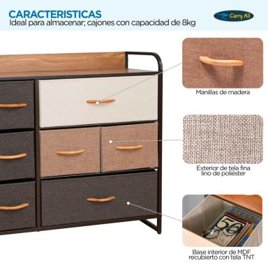 CAJONERA COMODA 7 CAJONES MARCO METÁLICO CUBIERTA MADERA CAJONES DE TELA PREMIUM - 5