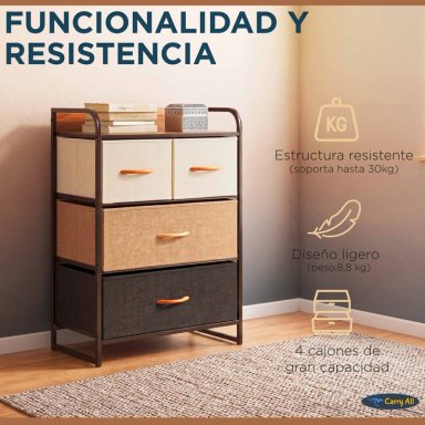 CAJONERA COMODA 4 CAJONES MARCO METAL CUBIERTA MADERA TELA PREMIUM - 6