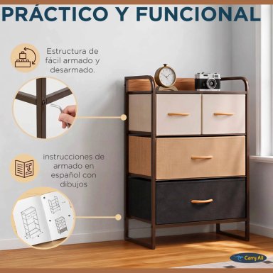 CAJONERA COMODA 4 CAJONES MARCO METAL CUBIERTA MADERA TELA PREMIUM - 7