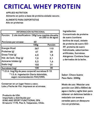 PROTEINA CRITICAL WHEY 2KG 67 SV CHOCO BUENO - APPLIED NUTRITION - 2