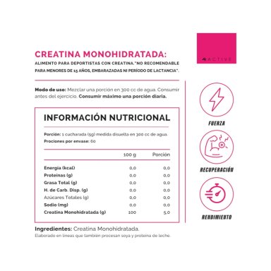 CREATINA MONOHIDRATADA 100% PURA 60 SERVICIOS - 4ACTIVE WOMEN - 2