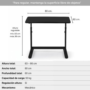 ESCRITORIO CON ALTURA AJUSTABLE 80X60X63-86CM FUNCIONAL BILBAO NEGRO - 4