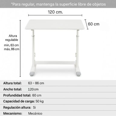 ESCRITORIO CON ALTURA AJUSTABLE 120X60X63-86CM FUNCIONAL TOLEDO BLANCO - 3