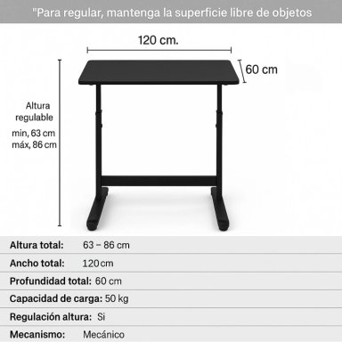 ESCRITORIO CON ALTURA AJUSTABLE 120X60X63-86CM FUNCIONAL TOLEDO NEGRO - 3