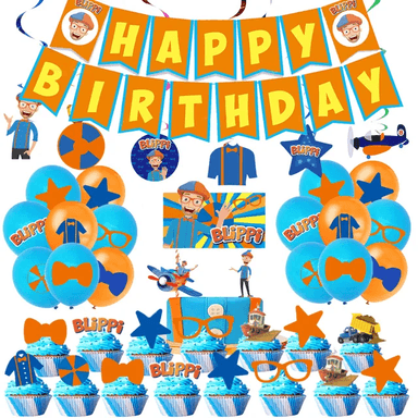 PACK CUMPLEAÑOS BLIPPI GLOBOS TOPPERS CINTA, COTILLON Y MAS - 1