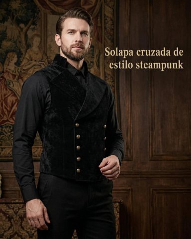 CHALECO GILLETTE DISFRAZ DE TERCIOPELO RETRO STEAMPUNK - NEGRO - XL - 6