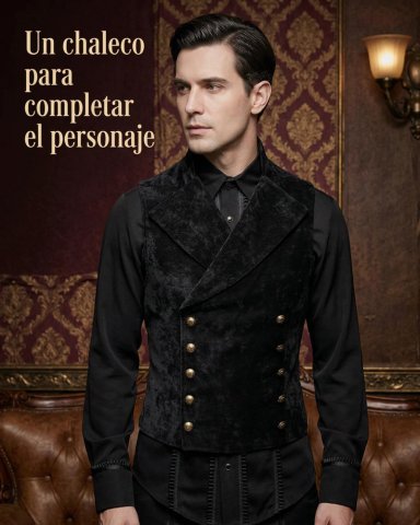 CHALECO GILLETTE DISFRAZ DE TERCIOPELO RETRO STEAMPUNK - NEGRO - XL - 7