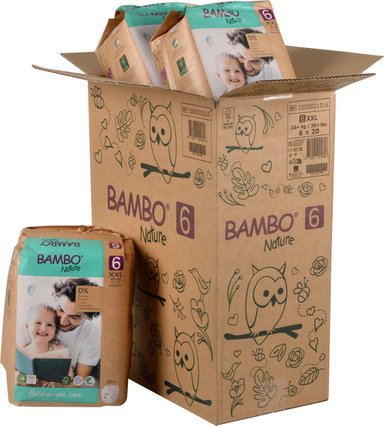 CAJA 6 PAQUETES BAMBO NATURE PAÑALES ECOLÓGICOS 120 UND BEBÉ 6 TALLA XXL 16+ KG - 1